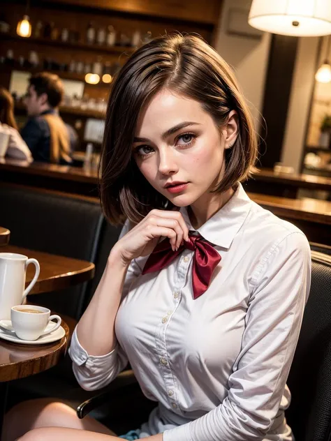 A photo of a young, nerdy woman sitting in a caf, [ Keri Russell | Lily Sheen | olivia wilde  ]wearing a white shirt and a bow, surrounded by a cozy atmosphere, looking at the viewer, short hair, slender, red lips, flirting with the camera