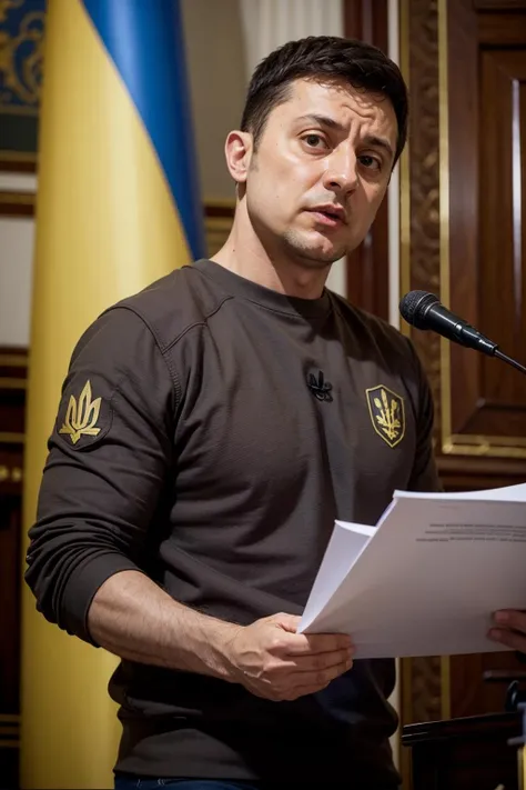 head, man, neck, podium, room, sitting, standing, zelenskyy <lora:Zelenskyy:1>
