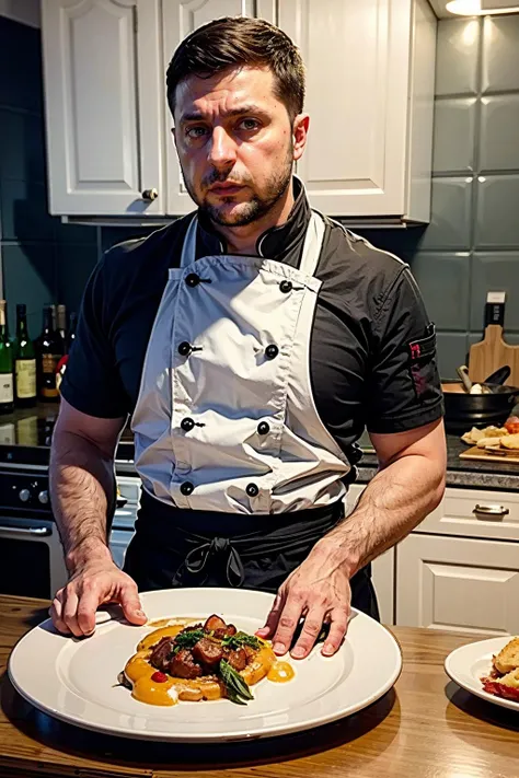 Zelenskyy, a man chef cooking in the kitchen <lora:Zelenskyy2:0.9>