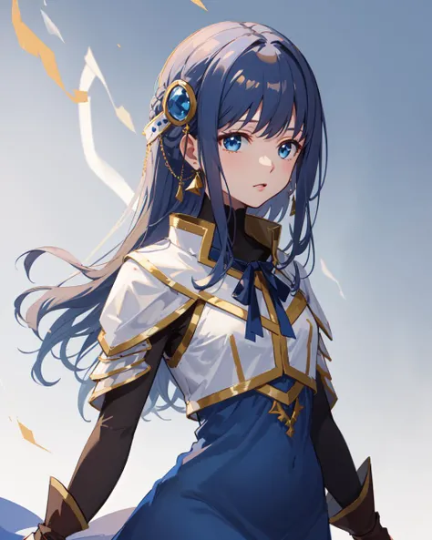 masterpiece, best quality, blue hair, long hair, magical girl, hair ornament, long blue dress, cowboy shot, white breastplate, medium shot, upper body, <lora:nanami_yachiyo:0.8>
