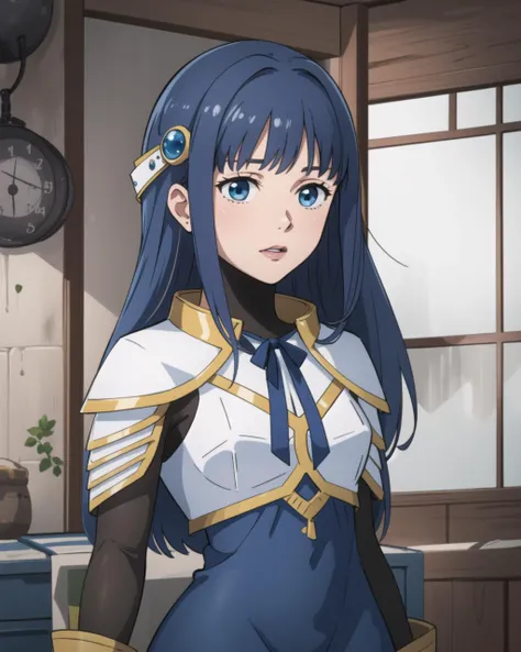 masterpiece, best quality, blue hair, long hair, magical girl, hair ornament, long blue dress, cowboy shot, white breastplate, medium shot, upper body, <lora:nanami_yachiyo:0.8>