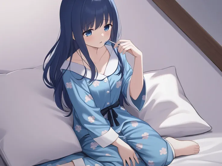 {{illustration}},{{{masterpiece}}},{{best quality}},{High resolution}, hignity 8k wallpaper,detailed background,{highres},{{{1girl}}},{{{solo}}},blue hair,long hair,pajamas