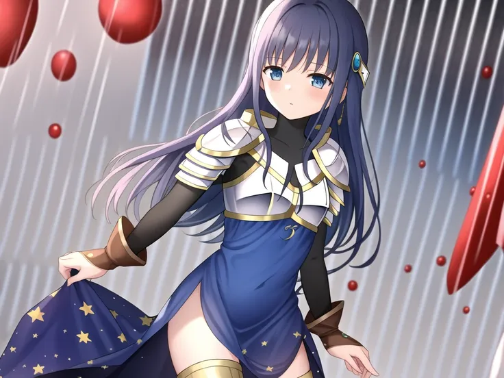 {{illustration}},{{{masterpiece}}},{{best quality}},{High resolution}, hignity 8k wallpaper,detailed background,{highres},{{{1girl}}},{{{solo}}},blue hair,long hair,armor,shoulder armor,blue dress,star print dress,thighlet,rainy,red rain