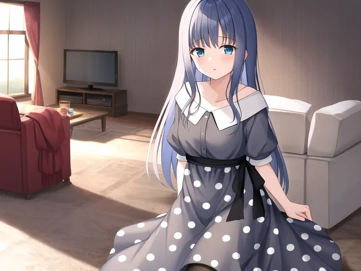 {{illustration}},{{{masterpiece}}},{{best quality}},{High resolution}, hignity 8k wallpaper,detailed background,{highres},{{{1girl}}},{{{solo}}},blue hair,long hair,grey dress,polka dot dress,pantyhose,living room
