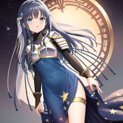 {{illustration}},{{{masterpiece}}},{{best quality}},{High resolution}, hignity 8k wallpaper,detailed background,{highres},{{{1girl,}}},{{{solo}}}, <lora:nanamiYachiyoLora_nanamiYachiyo:1>,blue hair,long hair,veil,armor,shoulder armor,blue dress,star print dress