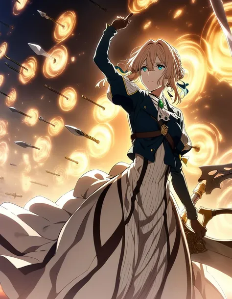 1girl, violet evergarden, violet evergarden \(series\), masterpiece, best quality, very aesthetic, absurdres, official art,
(finger snap:1.5), (one arm up:1.2), floating weapon, multiple weapons, glowing, <lora:gateofbabylon_XL_v1:0.7>,
battle ax, halberd, gate of babylon, brown gloves,