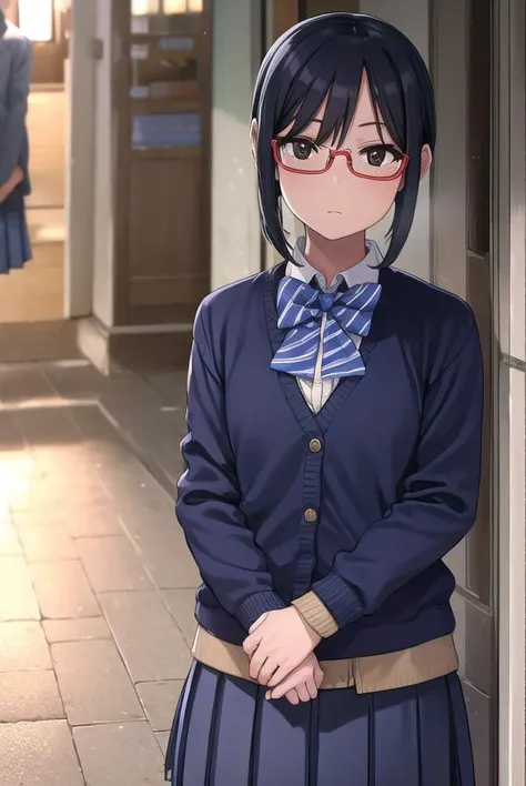 shihosayama, <lora:shiho sayama manga-lora-nochekaiser:1>,
shiho sayama, black hair, (brown eyes:1.5), glasses, twintails, short hair, scrunchie, hair scrunchie, red-framed eyewear,
BREAK skirt, shirt, long sleeves, bow, school uniform, pleated skirt, shoes, socks, bowtie, blue bow, cardigan,
BREAK indoors, classroom,
BREAK looking at viewer, (cowboy shot:1.5),
BREAK <lyco:GoodHands-beta2:1>, (masterpiece:1.2), best quality, high resolution, unity 8k wallpaper, (illustration:0.8), (beautiful detailed eyes:1.6), extremely detailed face, perfect lighting, extremely detailed CG, (perfect hands, perfect anatomy),