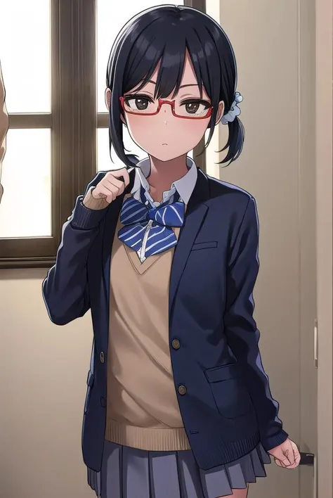 shihosayama, <lora:shiho sayama manga-lora-nochekaiser:1>,
shiho sayama, black hair, (brown eyes:1.5), glasses, twintails, short hair, scrunchie, hair scrunchie, red-framed eyewear,
BREAK skirt, shirt, long sleeves, bow, school uniform, pleated skirt, shoes, socks, bowtie, blue bow, cardigan,
BREAK indoors, classroom,
BREAK looking at viewer, (cowboy shot:1.5),
BREAK <lyco:GoodHands-beta2:1>, (masterpiece:1.2), best quality, high resolution, unity 8k wallpaper, (illustration:0.8), (beautiful detailed eyes:1.6), extremely detailed face, perfect lighting, extremely detailed CG, (perfect hands, perfect anatomy),