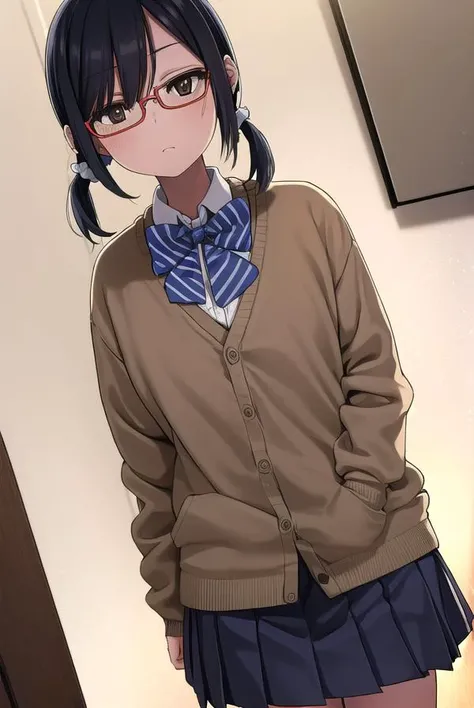 shihosayama, <lora:shiho sayama manga-lora-nochekaiser:1>,
shiho sayama, black hair, (brown eyes:1.5), glasses, twintails, short hair, scrunchie, hair scrunchie, red-framed eyewear,
BREAK skirt, shirt, long sleeves, bow, school uniform, pleated skirt, shoes, socks, bowtie, blue bow, cardigan,
BREAK indoors, classroom,
BREAK looking at viewer, (cowboy shot:1.5),
BREAK <lyco:GoodHands-beta2:1>, (masterpiece:1.2), best quality, high resolution, unity 8k wallpaper, (illustration:0.8), (beautiful detailed eyes:1.6), extremely detailed face, perfect lighting, extremely detailed CG, (perfect hands, perfect anatomy),