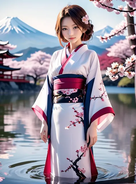 cinematic photo of sidelight,blurry background,frontlight,kimono,28yo,
<lora:Rio_XL_0_:1>,rio,
in the lake water,the background is mount fuji,cherry_blossoms,, 35mm photograph, film, bokeh, professional, 4k, highly detailed