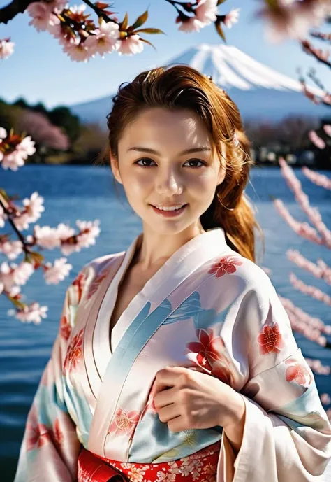 sidelight,big breasts,portrait,shiny make-up,(smile:0.6),blurry background,face front close-up,frontlight,looking at viewer,kimono,22yo,
<lora:Rio_XL_0_:1>,rio,
in the lake water,the background is mount fuji,cherry_blossoms,wedding scene,happy,