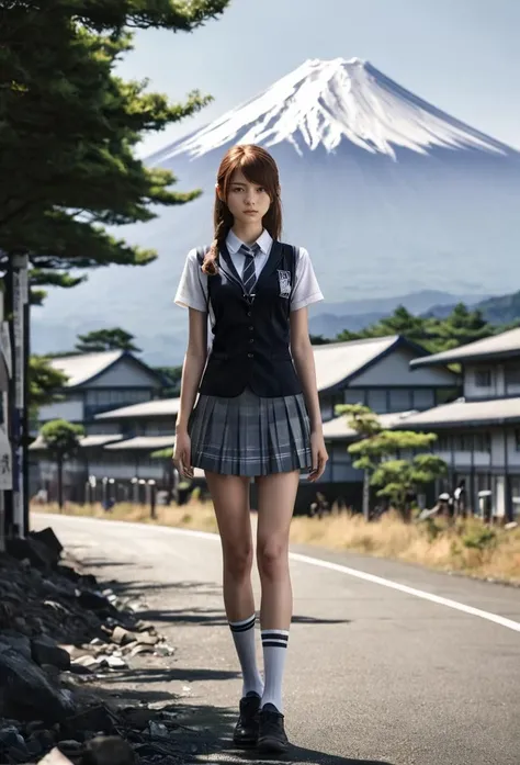 Dystopian style, sidelight,slender,shiny make-up,sweat,blurry background,rim_light,frontlight,22yo,
<lora:Rio_XL_0_:1>,rio,(school_uniform:1.2),
the background is mount fuji,summer,full_shot,, Bleak, post-apocalyptic, somber, dramatic, highly detailed