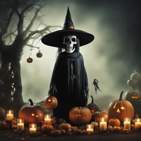 ((realistic,digital art)), (hyper detailed),donmcr33pyn1ghtm4r3xl Whispering Retro Halloween Headless Horseman Pumpkin Patch Candy Apples Wicked Chuckle Skull-shaped Candles Spider Silhouettes Decorating Homes and Yards, a wicked witch<lora:Creepy_Nightmare-000014XL:1>