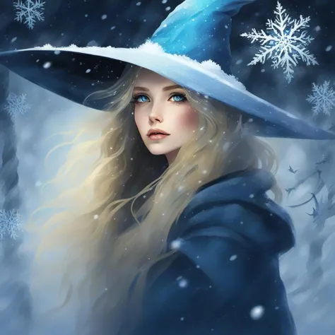 1girl, solo, hat, long hair, blonde hair, blue eyes, witch hat, snow, snowing, looking at viewer, tree, lips, witch, winter, <lora:discworld_v3:1>