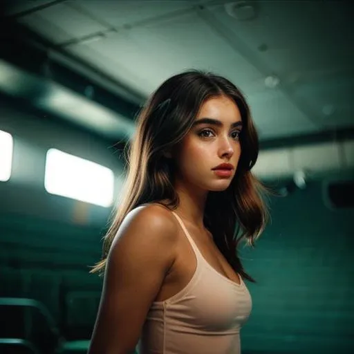 Ell4JoTI,(tennis shoes,theater stage, spotlight:1.2),standing,style by Dan Winters,RAW photography,film grain,photo taken with a Bolex H16,RAW,color graded portra 400 film,remarkable color,realistic dull skin noise,analog style,highest quality,skin pores,sharp focus,dappled lighting,film grain,photographed on a Sony A7R IV,18mm F/1.7 cine lens