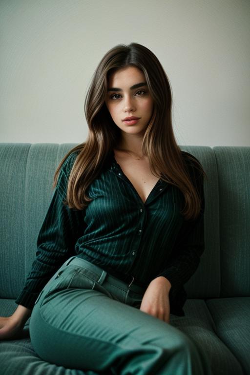 A woman sitting on a couch wearing green pants and a green shirt ...