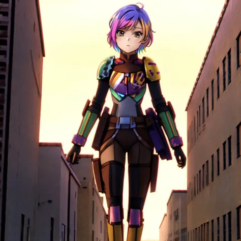 SabineWren, anime, (multicolored hair), 1girl, masterpiece, best quality, dynamic lighting, highly detailed, 8k, breastplate, short hair, full body, (city background), science fiction,