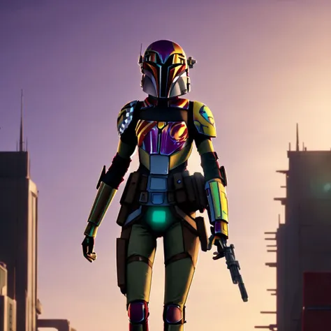 SabineWren, (MandoHelmet), realistic, photorealistic, (multicolored hair), 1girl, masterpiece, best quality, dynamic lighting, highly detailed, 8k, breastplate, short hair, full body, (standing in large futuristic city)
