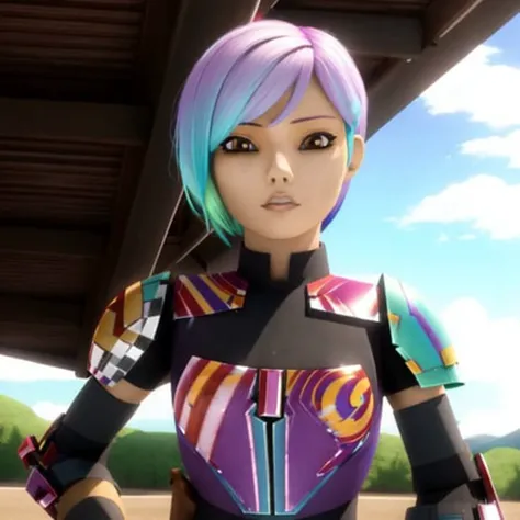 SabineWren, realistic, (photorealistic), (multicolored hair), aqua hair, 1girl, masterpiece, best quality, dynamic lighting, highly detailed, 8k, breastplate, short hair