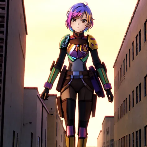 SabineWren, anime, (multicolored hair), 1girl, masterpiece, best quality, dynamic lighting, highly detailed, 8k, breastplate, short hair, full body, (city background), science fiction,