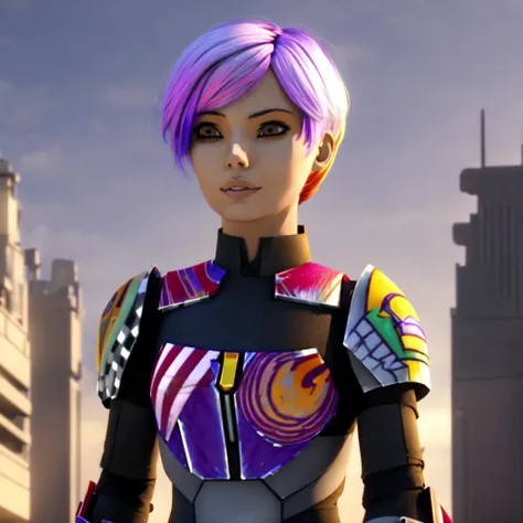 SabineWren, realistic, photo realistic(multicolored hair), 1girl, masterpiece, best quality, dynamic lighting, highly detailed, 8k, breastplate, short hair, full body, (standing in large futuristic city)