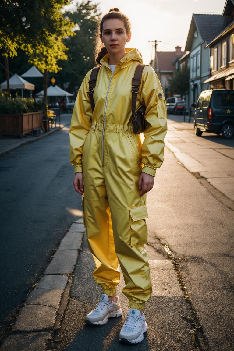 A woman in a yellow rain suit standing on a street - SeaArt AI