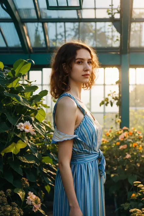 A stunning intricate full color portrait of a pale woman,wearing a Striped maxi dress with knotted shoulder straps, Botanical conservatory, epic character composition,by ilya kuvshinov, alessio albi, nina masic,sharp focus, golden hour, subsurface scattering, f2, f2, 35mm, film grain, <lora:MelissaMazV2-000005:1> <lora:epiNoiseoffset_v2:0.4>