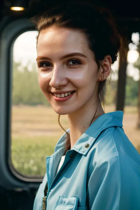A stunning intricate full color portrait of a pale woman, smiling, wearing a Oversized cardigan, leggings, and flats, Lakeside promenade, epic character composition,by ilya kuvshinov, alessio albi, nina masic,closeup, natural light, daylight, subsurface scattering, f2, 35mm, film grain <lora:MelissaMazV2-000005:1>