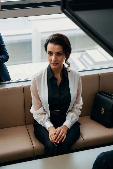 selfie of a beautiful woman wearing a black business suit with a white blouse,in a crowded hospital waiting room,closeup from above, epic character composition,by ilya kuvshinov, alessio albi, nina masic,sharp focus, subsurface scattering, f2, 35mm, film grain <lora:MelissaMazV2-000005:1>