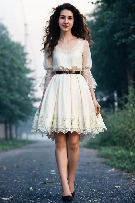 a stunning intricate full color portrait of a beautiful pale woman, Swing dress with a cinched belt and peep-toe pumps, during a midnight stroll, funny, bounced lighting, dreamy haze, detailed skin, skin blemish, sharp focus, shot on HOLGA 120n, Lomochrome color film <lora:MelissaMaz-000008:1>