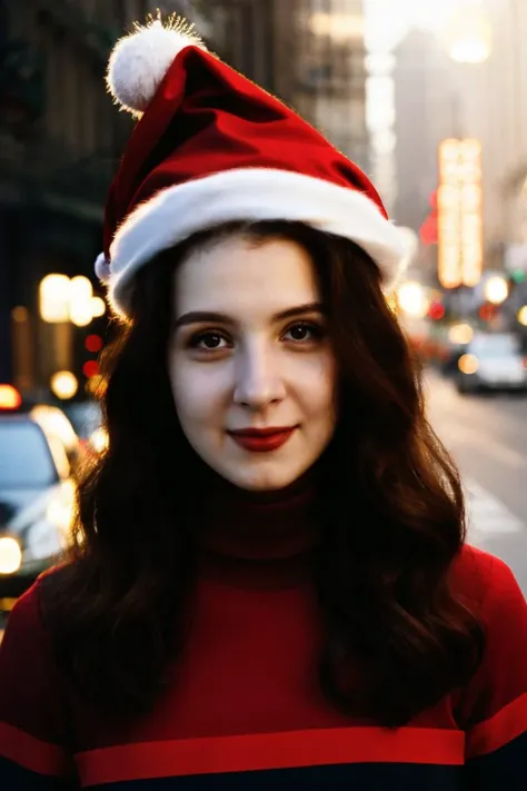 a stunning intricate full color portrait of a beautiful pale woman, red turtleneck, santa hat, on a lively avenue, having fun, bounced lighting, dreamy haze, detailed skin, skin blemish, sharp focus, shot on HOLGA 120n, Lomochrome color film <lora:MelissaMazV2-000005:1>