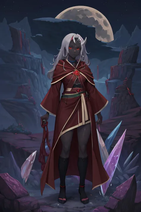 masterpiece, best quality, 1girl, solo, full body, <lora:terraria_calamitas-10:0.8> calamitas, dark skin, dark-skinned female, red robe, <lora:background-terraria-richy-v1:1> terrariabackground, dead trees, (crystal:1.2), dark sky, night sky, darkness, night, dark, moon