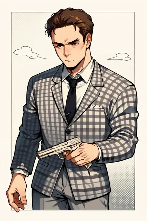 score_9, score_8_up, score_7_up, score_6_up, source_anime, BREAK male focus <lora:benny-fnv-richy-v1_pdxl:1> benny, brown hair, short hair, checkered suit, black necktie, grey pants, serious, tired <lora:traditional_slider_v1_NEGWEIGHT:-0.9>, border, holding pistol, gun