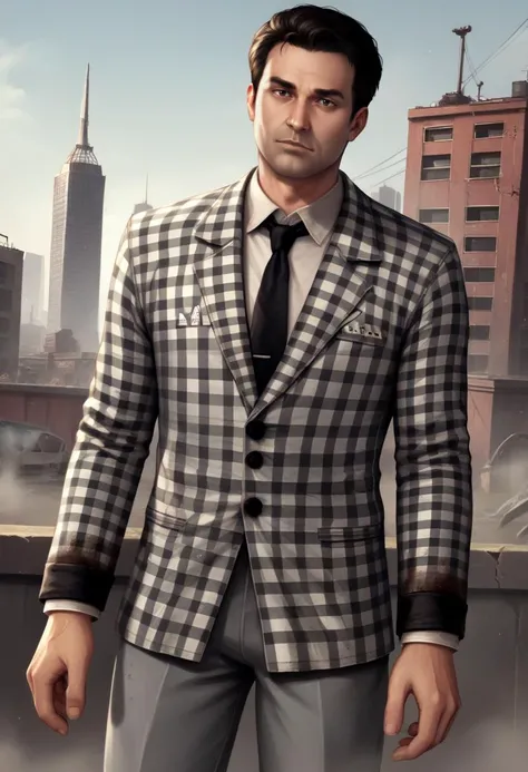 score_9, score_8_up, score_7_up, source_anime, realistic BREAK 1boy, solo, male focus, <lora:benny-fnv-richy-v1_pdxl:0.8> benny, black hair, short hair, black necktie, checkered suit, grey pants, outdoors, post-apocalypse, las vegas, fallout, city, junkyard