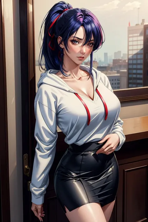 masterpiece, best quality, Bold colors, vivid coloring, rich pigmentation, vibrant, dynamic tones, striking hues, absurd resolution, illustration, 8k, perfect shadows,perfect lighting,hdr, ambient lighting,realistic, ultra-realistic, full body shot, Photo realistic,(hyperrealistic:1)textured skin,shiny skin,skindentation, beautiful body, (blush:1.2)milf,mature woman,mature,red eyes,Blue hair,bangs,high ponytail, green hair ribbon, 1 girl (wearing long sleeves,Blue and white shirt,white pencil skirt, striped shirt, collarbone,hood, hood down, hoodie,)(large breasts,hourglass body, thin waist,very slim waist)extremely detailed face,detailed eye makeup, detail face, nice detailed eyes,nice hands, perfect hands <lora:Takabe_Eri_Shusaku-KK77-V1:.30> <lora:beautifulDetailedEyes_v10:0.50> (realistic pupils,realistic iris:1) heavy eye makeup<lora:add_detail:.50> <lyco:GoodHands-beta2:.90><lora:Aesthetic-Portrait-V2:.50> <lora:ryanreos-lora-v1-32dim-3ep-naivae:.20>