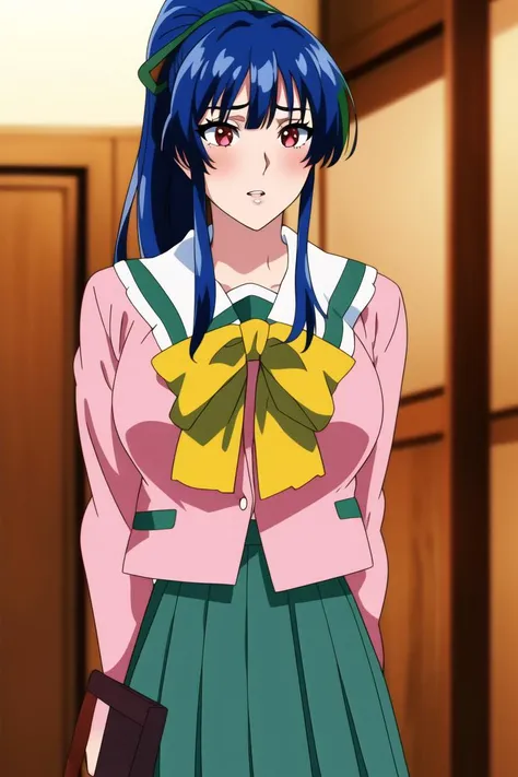 best quality,masterpiece, high res,original, beautiful detailed eyes,ultra-detailed, perfect anatomy,
1girl, solo, cowboyshot,
large breasts, wide hip,
glamorous body, slender body,
(pink_jacket:1.2),(Green_pleated skirt:1.3),(sailor_collar), school_uniform, serafuku,long_sleeves,(Yellow_bowtie),
<lora:Takabe_Eri_Shusaku-KK77-V2:0.5>, red eyes,Blue hair,bangs,high ponytail, green hair ribbon,
shameful face, blush, parted lips,
perfect lighting,Colorful, Bright_Front_face_Lighting, shiny skin,
(beautiful_face:1.5),
anmnr, <lora:anmnr01:0.4>,