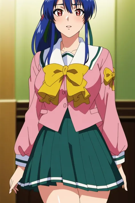 best quality,masterpiece, high res,original, beautiful detailed eyes,ultra-detailed, perfect anatomy,
1girl, solo, cowboyshot,
large breasts, wide hip,
glamorous body, slender body,
(pink_jacket:1.2),(Green_pleated skirt:1.3),(sailor_collar), school_uniform, serafuku,long_sleeves,(Yellow_bowtie),
<lora:Takabe_Eri_Shusaku-KK77-V1:0.7>, red eyes,Blue hair,bangs,high ponytail, green hair ribbon,
<lora:more_details:-0.3>,
happy face, blush, parted lips,
perfect lighting,Colorful, Bright_Front_face_Lighting, shiny skin,
(beautiful_face:1.5),
anmnr, <lora:anmnr01:0.4>,