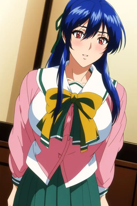 best quality,masterpiece, high res,original, beautiful detailed eyes,ultra-detailed, perfect anatomy,
1girl, solo, cowboyshot,
large breasts, wide hip,
glamorous body, slender body,
(pink_jacket:1.2),(Green_pleated skirt:1.3),(sailor_collar), school_uniform, serafuku,long_sleeves,(Yellow_bowtie),
<lora:Takabe_Eri_Shusaku-KK77-V1:0.7>, red eyes,Blue hair,bangs,high ponytail, green hair ribbon,
<lora:more_details:-0.3>,
happy face, blush, parted lips,
perfect lighting,Colorful, Bright_Front_face_Lighting, shiny skin,
(beautiful_face:1.5),
anmnr, <lora:anmnr01:0.4>,