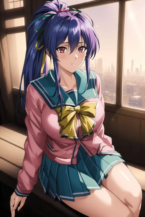 (Night:1.7), Japan, Cyberpunk, CityView, Before Window, room, indoors,
sitting at attention,
(pink_jacket:1.2),(Green_pleated skirt:1.3),(sailor_collar), school_uniform, serafuku,long_sleeves,(Yellow_bowtie),
<lora:more_details:0.3>,<lora:Takabe_Eri_Shusaku-KK77-V2:0.7>,
Blue hair,bangs,high ponytail, green hair ribbon,red eyes,
1 girl, 20yo,Young female,Beautiful Finger,Beautiful long legs,Beautiful body,Beautiful Nose,Beautiful character design, perfect eyes, perfect face,expressive eyes,
looking at viewer, in the center of the image,(Upper_body),(Focus on her face),
official art,extremely detailed CG unity 8k wallpaper, perfect lighting,Colorful, Bright_Front_face_Lighting,shiny skin,
(masterpiece:1.0),(best_quality:1.0), ultra high res,4K,ultra-detailed,
photography, 8K, HDR, highres, absurdres:1.2, Kodak portra 400, film grain, blurry background, bokeh:1.2, lens flare, (vibrant_color:1.2)
(Beautiful,large_Breasts:1.3), (beautiful_face:1.5),(narrow_waist),