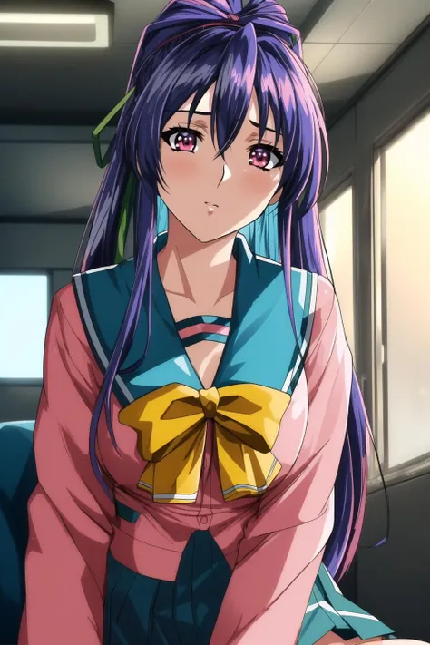 (Night:1.7), Japan, Cyberpunk, CityView, Before Window, room, indoors,
sitting at attention,
(pink_jacket:1.2),(Green_pleated skirt:1.3),(sailor_collar), school_uniform, serafuku,long_sleeves,(Yellow_bowtie),
<lora:more_details:0.3>,<lora:Takabe_Eri_Shusaku-KK77-V2:0.7>,
Blue hair,bangs,high ponytail, green hair ribbon,red eyes,
1 girl, 20yo,Young female,Beautiful Finger,Beautiful long legs,Beautiful body,Beautiful Nose,Beautiful character design, perfect eyes, perfect face,expressive eyes,
looking at viewer, in the center of the image,(Upper_body),(Focus on her face),
official art,extremely detailed CG unity 8k wallpaper, perfect lighting,Colorful, Bright_Front_face_Lighting,shiny skin,
(masterpiece:1.0),(best_quality:1.0), ultra high res,4K,ultra-detailed,
photography, 8K, HDR, highres, absurdres:1.2, Kodak portra 400, film grain, blurry background, bokeh:1.2, lens flare, (vibrant_color:1.2)
(Beautiful,large_Breasts:1.3), (beautiful_face:1.5),(narrow_waist),