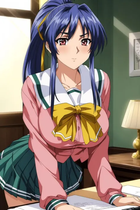 (Night:1.7), a desk with a laptop computer in front of her and a lamp on the side,room, indoors,
sitting at attention,
(pink_jacket:1.2),(Green_pleated skirt:1.3),(sailor_collar), school_uniform, serafuku,long_sleeves,(Yellow_bowtie),
<lora:more_details:0.3>,<lora:Takabe_Eri_Shusaku-KK77-V2:0.7>,
Blue hair,bangs,high ponytail, green hair ribbon,red eyes,
1 girl, 20yo,Young female,Beautiful Finger,Beautiful long legs,Beautiful body,Beautiful Nose,Beautiful character design, perfect eyes, perfect face,expressive eyes,
looking at viewer, in the center of the image,(Upper_body),(Focus on her face),
official art,extremely detailed CG unity 8k wallpaper, perfect lighting,Colorful, Bright_Front_face_Lighting,shiny skin,
(masterpiece:1.0),(best_quality:1.0), ultra high res,4K,ultra-detailed,
photography, 8K, HDR, highres, absurdres:1.2, Kodak portra 400, film grain, blurry background, bokeh:1.2, lens flare, (vibrant_color:1.2)
(Beautiful,large_Breasts:1.3), (beautiful_face:1.5),(narrow_waist),