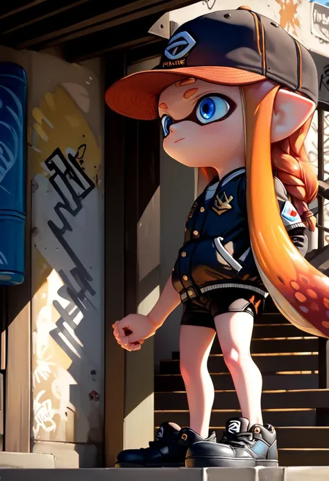 <lora:Splatoon_Inkling_LORA:0.8>
girl, solo, long hair, short sleeves, hat, closed mouth, blue eyes, standing, cowboy shot, outdoors, shorts, day, pointy ears,
signature, blunt bangs, orange hair, from side, short shorts, black headwear, baseball jacket, shadow, black shorts,
bike shorts, captains cap, tentacle hair, stairs, hands in pockets, drawstring, logo, shade, against wall, wall, graffiti, inkling, inkling girl
The soft lighting and detailed surroundings create an immersive environment where imagination runs wild hyper-detailed, hyper-detailed face, high quality visuals, dim Lighting, sharply focused, octane render, 8k UHD,