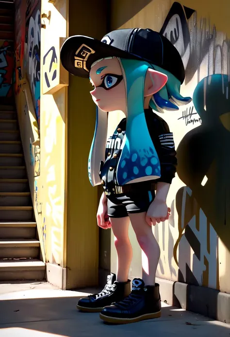 <lora:Splatoon_Inkling_LORA:0.8>
girl, solo, long hair, short sleeves, hat, closed mouth, blue eyes, standing, cowboy shot, outdoors, shorts, day, pointy ears,
signature, blunt bangs, green or blue hair, from side, short shorts, black headwear, baseball jacket, shadow, black shorts,
bike shorts, captains cap, tentacle hair, stairs, hands in pockets, drawstring, logo, shade, against wall, wall, graffiti, inkling, inkling girl
The soft lighting and detailed surroundings create an immersive environment where imagination runs wild hyper-detailed, hyper-detailed face, high quality visuals, dim Lighting, sharply focused, octane render, 8k UHD,