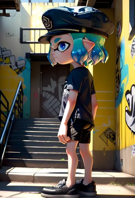 <lora:Splatoon_Inkling_LORA:0.8>
(1boy:1.2), solo, very short hair, short sleeves, hat, closed mouth, blue eyes, standing, cowboy shot, outdoors, shorts, day, pointy ears,
signature, blunt bangs, green or blue hair, from side, short shorts, black headwear, shirt, shadow, black shorts,
bike shorts, captains cap, tentacle hair, stairs, hands in pockets, drawstring, logo, shade, against wall, wall, graffiti, inkling, (inkling boy:1.6),
The soft lighting and detailed surroundings create an immersive environment where imagination runs wild hyper-detailed, hyper-detailed face, high quality visuals, dim Lighting, sharply focused, octane render, 8k UHD,