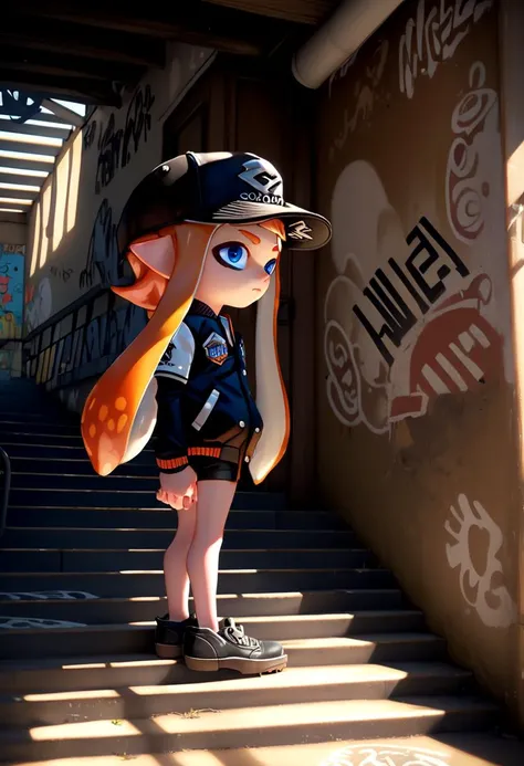 <lora:Splatoon_Inkling_LORA:0.8>
girl, solo, long hair, short sleeves, hat, closed mouth, blue eyes, standing, cowboy shot, outdoors, shorts, day, pointy ears,
signature, blunt bangs, orange hair, from side, short shorts, black headwear, baseball jacket, shadow, black shorts,
bike shorts, captains cap, tentacle hair, stairs, hands in pockets, drawstring, logo, shade, against wall, wall, graffiti, inkling, inkling girl
The soft lighting and detailed surroundings create an immersive environment where imagination runs wild hyper-detailed, hyper-detailed face, high quality visuals, dim Lighting, sharply focused, octane render, 8k UHD,