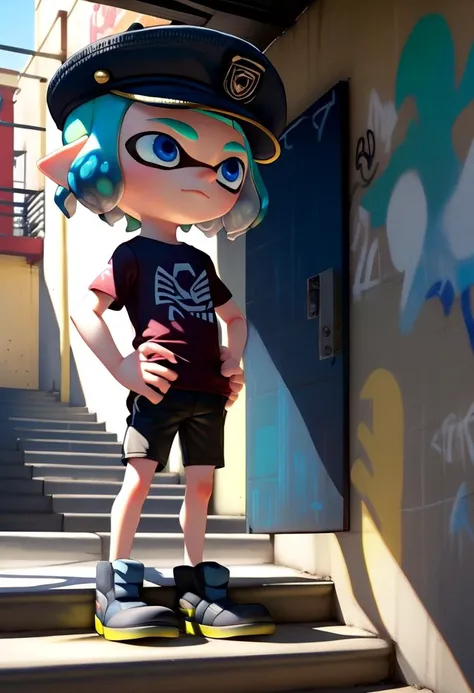 <lora:Splatoon_Inkling_LORA:0.8>
(1boy:1.2), solo, very short hair, short sleeves, hat, closed mouth, blue eyes, standing, cowboy shot, outdoors, shorts, day, pointy ears,
signature, blunt bangs, green or blue hair, from side, short shorts, black headwear, shirt, shadow, black shorts,
bike shorts, captains cap, tentacle hair, stairs, hands in pockets, drawstring, logo, shade, against wall, wall, graffiti, inkling, (inkling boy:1.6),
The soft lighting and detailed surroundings create an immersive environment where imagination runs wild hyper-detailed, hyper-detailed face, high quality visuals, dim Lighting, sharply focused, octane render, 8k UHD,