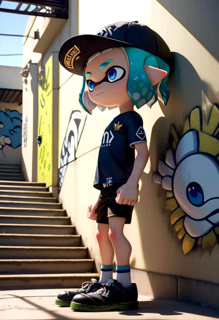 <lora:Splatoon_Inkling_LORA:0.8>
(1boy:1.2), solo, very short hair, short sleeves, hat, closed mouth, blue eyes, standing, cowboy shot, outdoors, shorts, day, pointy ears,
signature, blunt bangs, green or blue hair, from side, short shorts, black headwear, shirt, shadow, black shorts,
bike shorts, captains cap, tentacle hair, stairs, hands in pockets, drawstring, logo, shade, against wall, wall, graffiti, inkling, (inkling boy:1.6),
The soft lighting and detailed surroundings create an immersive environment where imagination runs wild hyper-detailed, hyper-detailed face, high quality visuals, dim Lighting, sharply focused, octane render, 8k UHD,