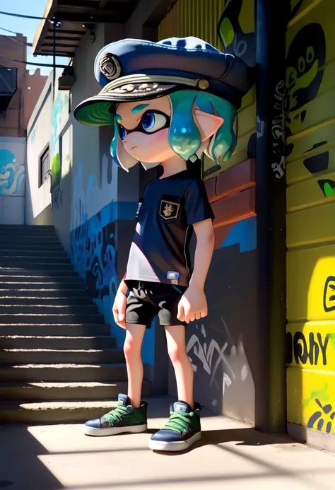 <lora:Splatoon_Inkling_LORA:0.8>
(1boy:1.2), solo, very short hair, short sleeves, hat, closed mouth, blue eyes, standing, cowboy shot, outdoors, shorts, day, pointy ears,
signature, blunt bangs, green or blue hair, from side, short shorts, black headwear, shirt, shadow, black shorts,
bike shorts, captains cap, tentacle hair, stairs, hands in pockets, drawstring, logo, shade, against wall, wall, graffiti, inkling, (inkling boy:1.6),
The soft lighting and detailed surroundings create an immersive environment where imagination runs wild hyper-detailed, hyper-detailed face, high quality visuals, dim Lighting, sharply focused, octane render, 8k UHD,