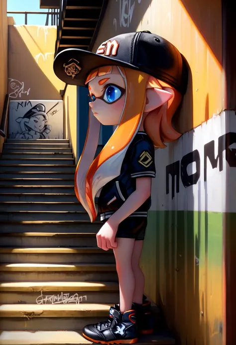 <lora:Splatoon_Inkling_LORA:0.8>
girl, solo, long hair, short sleeves, hat, closed mouth, blue eyes, standing, cowboy shot, outdoors, shorts, day, pointy ears,
signature, blunt bangs, orange hair, from side, short shorts, black headwear, baseball jacket, shadow, black shorts,
bike shorts, captains cap, tentacle hair, stairs, hands in pockets, drawstring, logo, shade, against wall, wall, graffiti, inkling, inkling girl
The soft lighting and detailed surroundings create an immersive environment where imagination runs wild hyper-detailed, hyper-detailed face, high quality visuals, dim Lighting, sharply focused, octane render, 8k UHD,