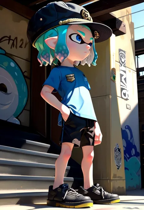 <lora:Splatoon_Inkling_LORA:0.8>
(1boy:1.2), solo, very short hair, short sleeves, hat, closed mouth, blue eyes, standing, cowboy shot, outdoors, shorts, day, pointy ears,
signature, blunt bangs, green or blue hair, from side, short shorts, black headwear, shirt, shadow, black shorts,
bike shorts, captains cap, tentacle hair, stairs, hands in pockets, drawstring, logo, shade, against wall, wall, graffiti, inkling, (inkling boy:1.6),
The soft lighting and detailed surroundings create an immersive environment where imagination runs wild hyper-detailed, hyper-detailed face, high quality visuals, dim Lighting, sharply focused, octane render, 8k UHD,